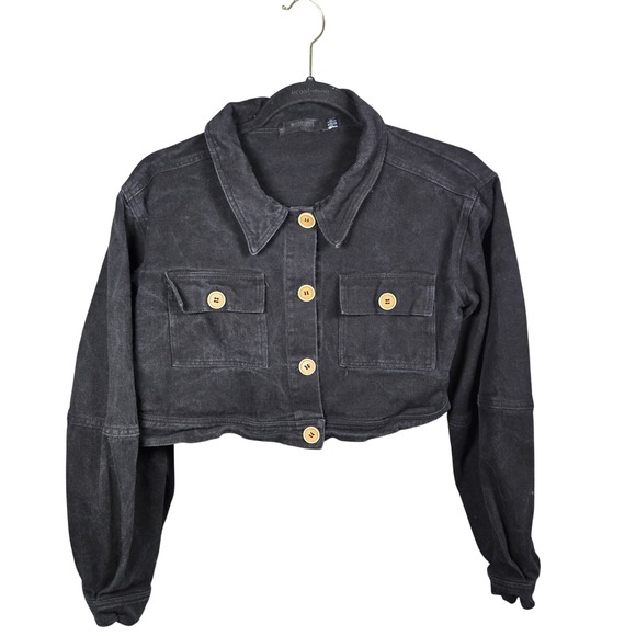 Missguided Jackets & Blazers - Missguided Womens Cropped Denim Jacket Washed Black Button Front Size US‎ 4